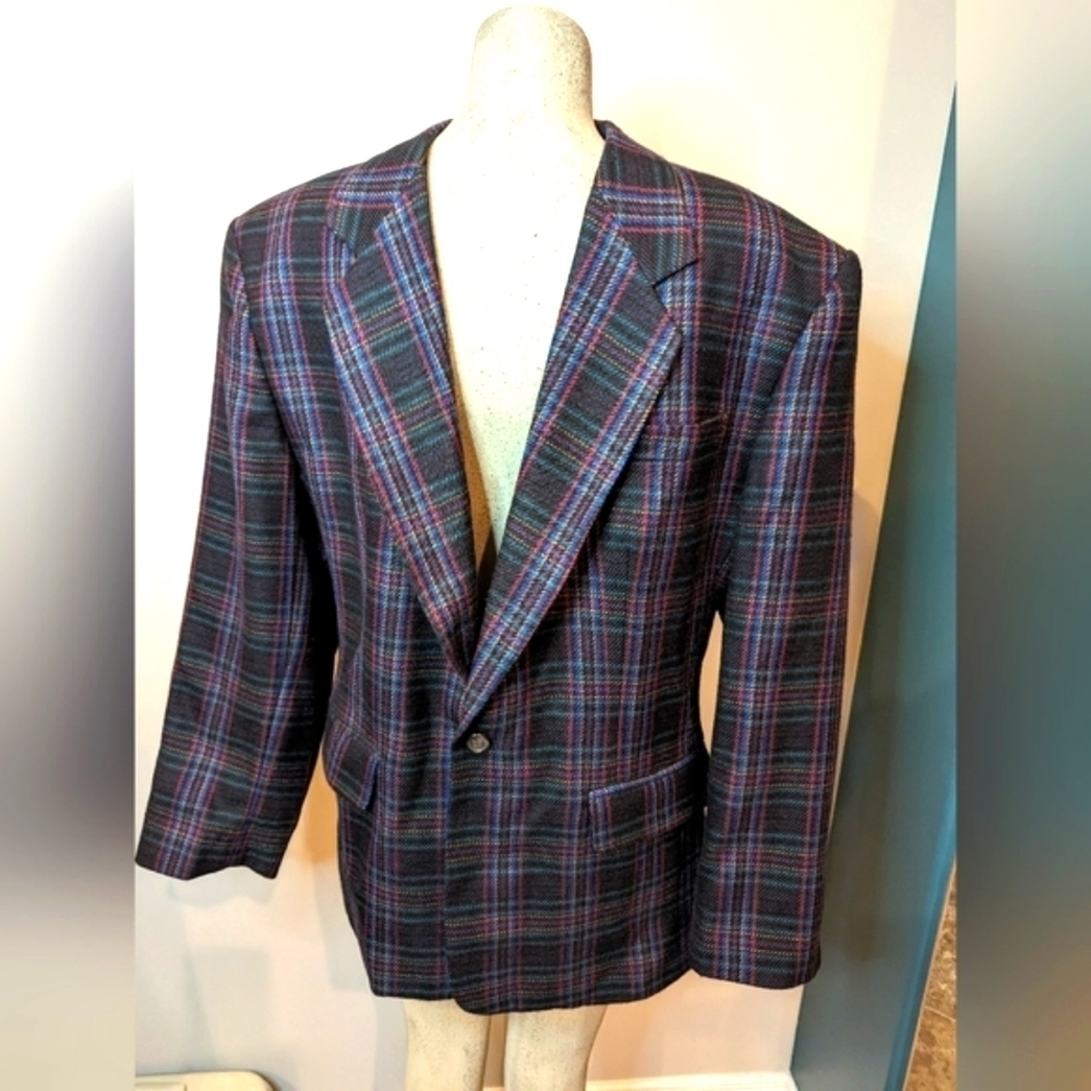 80s Perry Ellis Wool plaid Blazer woman's L or mens size 40,  New